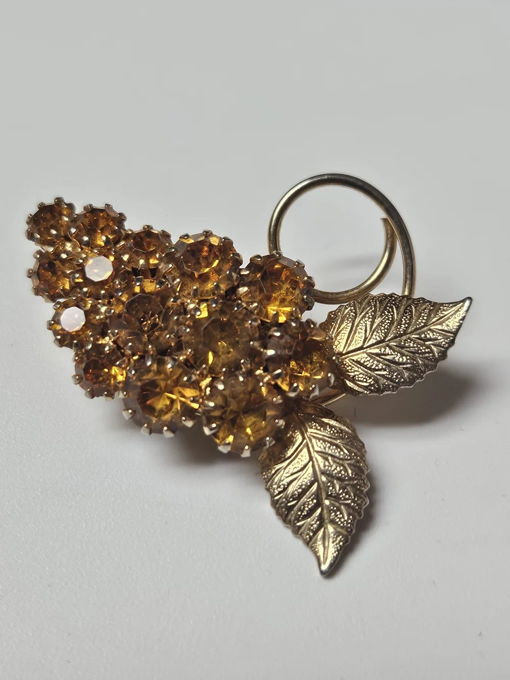 1950s Golden Amber Crystal Leaf Brooch Pin